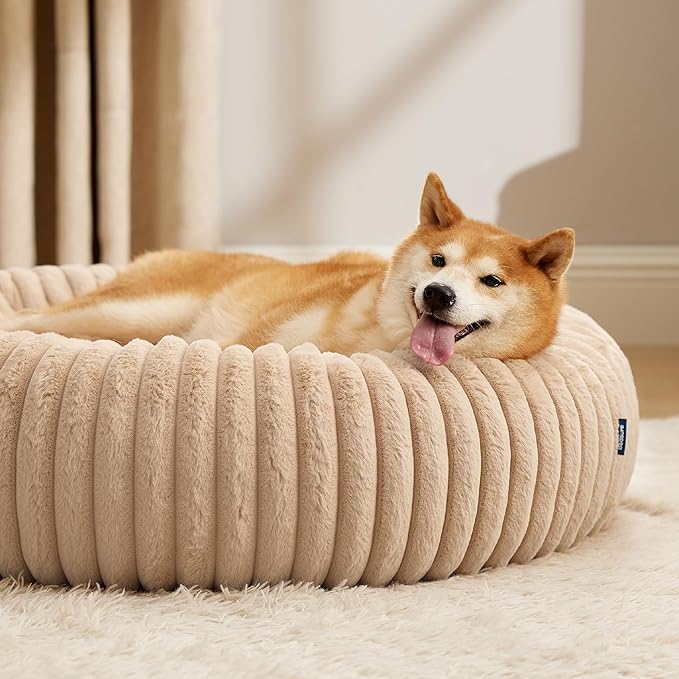 Bedsure Donut Large Dog Bed - Washable Faux Fur with Corduroy Fleece & Anti Slip Bottom, Round Pet Bed with Removable Cover, Sandy Tan, 36x36x10 inches