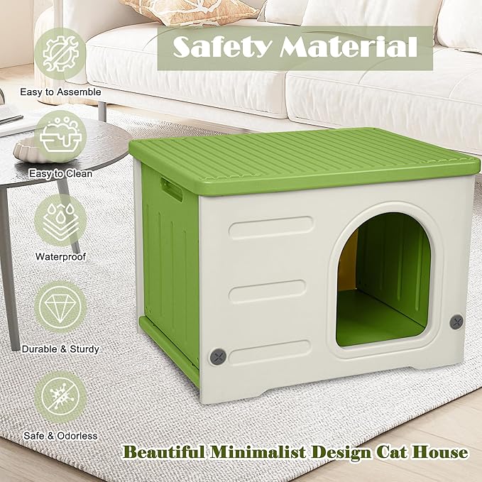 Plastic Cat House for Outdoor Indoor Use, Stackable Feral Cat Shelter Indoor Cat House Insulated Weatherproof Waterproof -Green