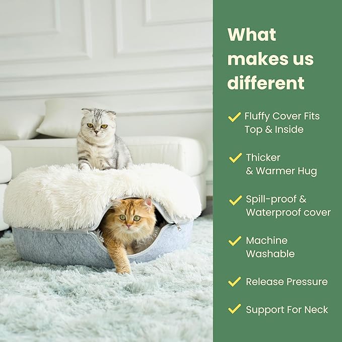 CATTASAURUS Peekaboo Cat Cave for Multiple & Large Cats Up to 30-45 Lbs, Fluffy Cat Beds for Indoor Cats, Scratch Detachable & Washable Tunnel Bed, Comfy Donut Cat Cave (Light Gray, Large (Calming))