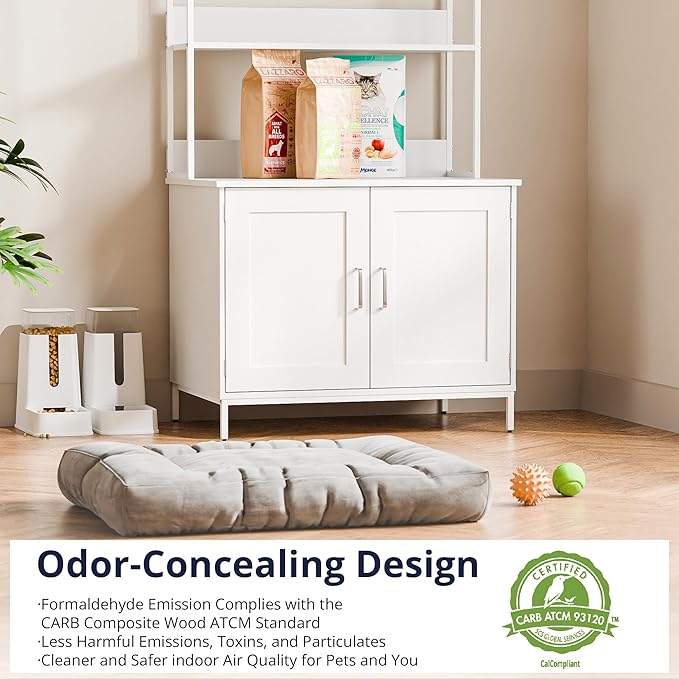 Cozy Castle Litter Box Enclosure, 57'' Cat Litter Box Furniture with Large Cabinet, Shelves, Hidden Cat House for Most of Litter Boxes, Wooden Pet Washroom Indoor, White, No-Hook