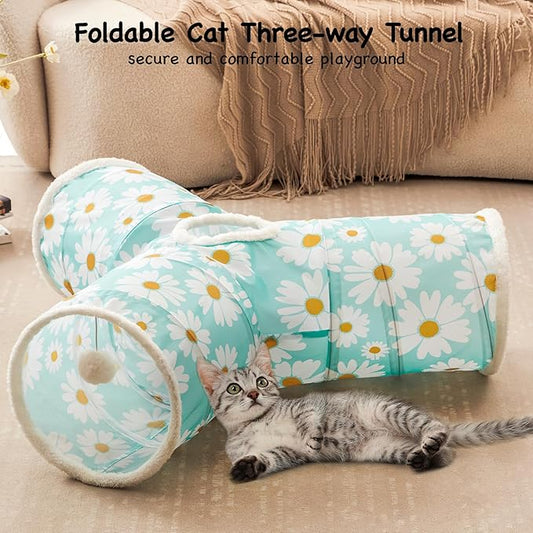 Tempcore Pet Cat Tunnel Tube Cat Toys 3 Way Collapsible, Cat Tunnels for Indoor Cats，Kitty Tunnel Bored Pet Toys Peek Hole Toy Ball, Puppy, Kitty, Kitten, Rabbit Daisy Blue Printed