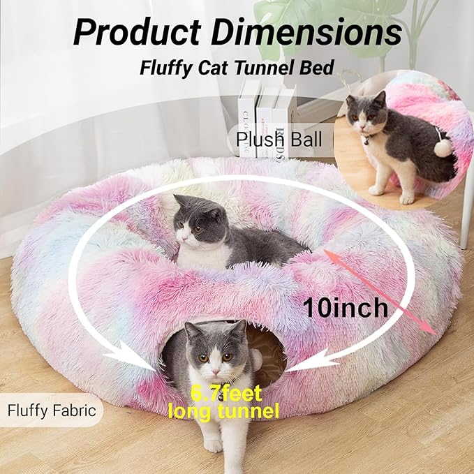 LUCKITTY Warm Fluffy Plush Cat Dog Tunnel Bed with Washable Cushion-Big Tube Playground Toys 3 FT Diameter Longer Crinkle Collapsible 3 Way, for Indoor Cat Kitty Kitten Puppy Rabbit Ferret Rainbow