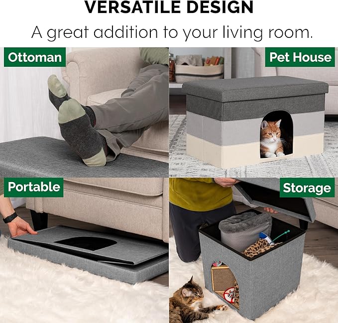 Furhaven Pet House for Indoor Cats & Medium/Small Dogs, Collapsible & Foldable w/ Plush Ball Toy - Living Room Ottoman Cat Condo - Hygge Stripe (Gray/Cream), Large