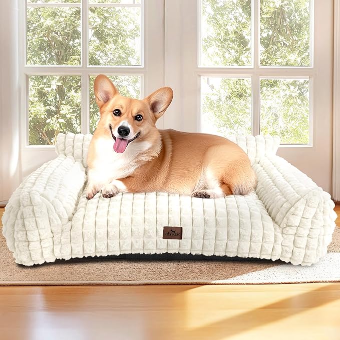 Cute Small & Medium Dog Couch Bed – Supportive & Fluffy Pet Sofa with Faux Rabbit Fur Washable Cover in 3D Diamond Pattern, 36" Off White