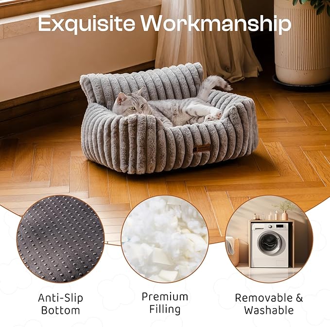 MEWOOFUN Cat Beds for Indoor Cats, Fluffy Cat Couch with Removable Washable Cover, Supportive Small Dog Beds for Puppy & Kitten up to 15 lbs (Grey, 24x19x12)