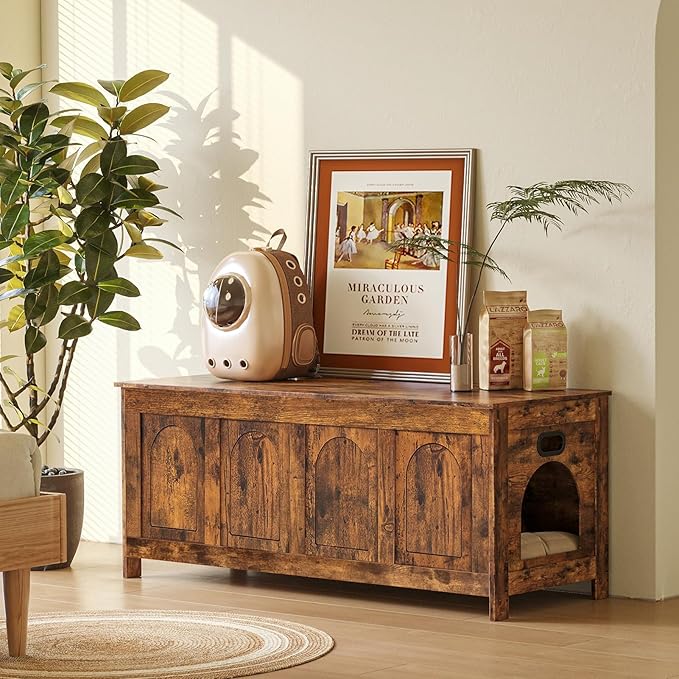 DINZI LVJ Cat Litter Box Enclosure, Flip Top Litter Box Furniture, Hidden Cat Washroom, 2-Entrances Wooden Pet House, 47.2"L x 18.7"W x 19.7"H, End Side Table, TV Stand, Easy Assembly, Rustic Brown