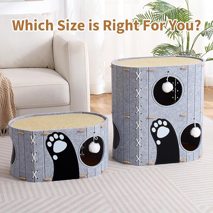 Cat House for Indoor Cats, 23" x 15" x 12" Large Felt Covered Cat Cave for Multiple Cats,Clawsable Enclosed Cat Hideout Houses & Condos with Fluffy Ball,Cozy Scratch Resistant House for kitty