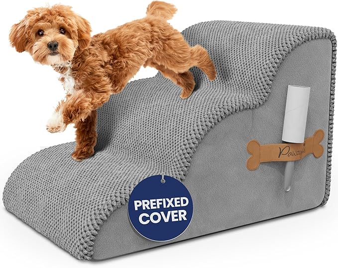 PAWZY Foam Pet Stairs for Bed, Couch or Window PREFIXED Cover - Wide Steps for Bed, Waterproof, Non-Slip Base - 3-Tier Ramp 15.5'' Height- Stairs for Small Dogs, Puppies, Cats - (Grey)
