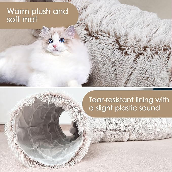 Cat Tunnel Bed for Indoor Cats, Peekaboo Cat Cave with Washable Soft Play Mat, Furry Cat Tube, for Kitten/Puppy/Rabbit, Brown