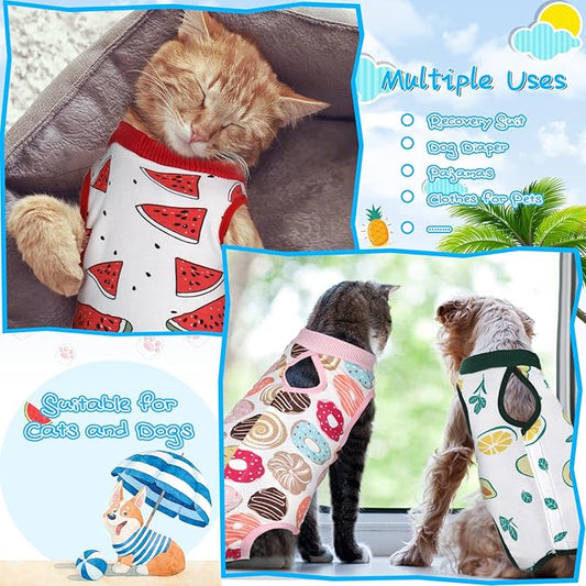 Nuanchu 3 Pieces Cat Recovery Suit Kitten Recovery Suit E-Collar Alternative for Cats and Dogs Abdominal Skin Anti Licking Pajama Clothes Sets(Watermelon Pattern,Large)