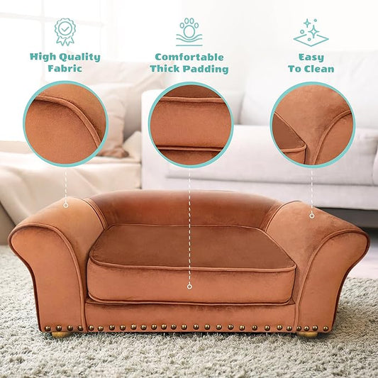 Critter Sitters 34-in. Faux Velvet Sofa in Brown for Medium-Sized Dogs and Cats, Durable and Stylish Dog Bed for Bedroom and Living Room