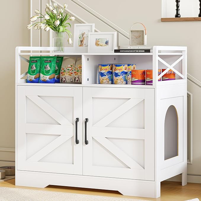 Cat Litter Box Enclosure Furniture - Hidden Litter Box Cabinet with Scratch Pad & Odor Control | Farmhouse Style End Table for Cats | Discreet Cat Washroom for Living Room & Bedroom White