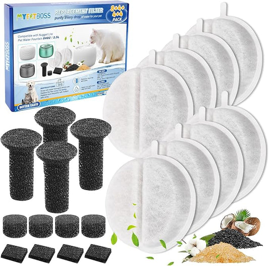 8 Set Cat Water Filter, Replacement Filters for 2.5L Lite & Premium Pet Fountain, Triple Filtration System Pet Filter Replacement (Including 12 Foam/Sponge Mufflers)