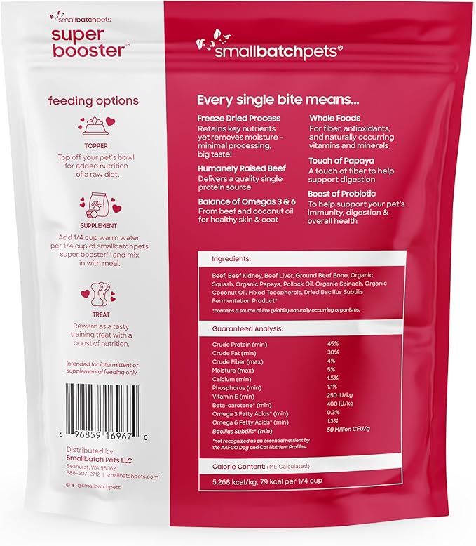 smallbatch Freeze Dried Dog Treats, Superfood Food Topper Beef Bites for Dogs & Cats, Probiotics, Organic Ingredients, High Protein, Grain Free Healthy Treat Food Topper, Made in The USA, 7 oz Bag