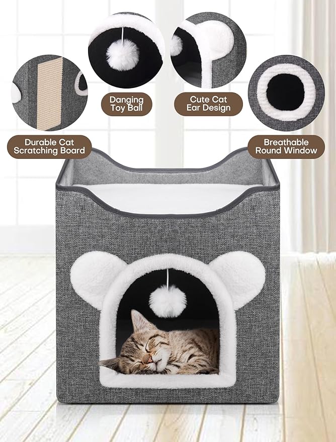 Cat Houses for Indoor Cats, Large Cat Cave with Fluffy Ball and Scratch Pad, Covered Cat Bed House, Foldable Cat Hideaway