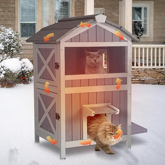 GUTINNEEN Insulated Cat House Outdoor for Winter, 2-Story Feral Cat Shelter Weatherproof with Large Acrylic Window, Movable Floor & Multiple Jumping Platforms for Outdoor Cats