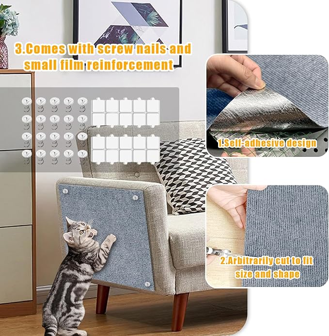 Cat Scratch Mat,118.5"x17.4" Trimmable Self-Adhesive Cat Scratch Furniture Protector, Sticky Cat Scratcher Wall Mat, Covering Cats Tower, Couch Protector from Cats Claws (Light Grey)