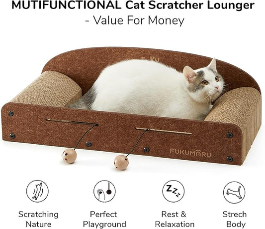 FUKUMARU 26 Inch Cat Scratcher Cardboard Lounge Bed, Durable Cat Scratcher Extra Large Lounger, 2 Reversible Cat Scratching Pads Refill for Indoor Cats, Cat Scratch Bed Cardboard Toy, Caramel Color
