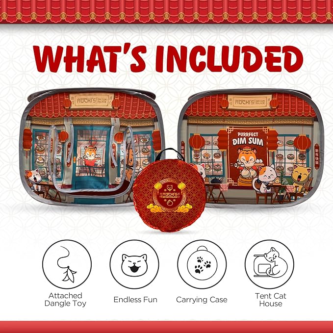 Capnip Cat House & Tent for Indoor Cats – Pop-Up Cat Tent House with Catnip Toy, Restaurant Theme for Cats & Kittens, Mochi’s Dim Sum Palace