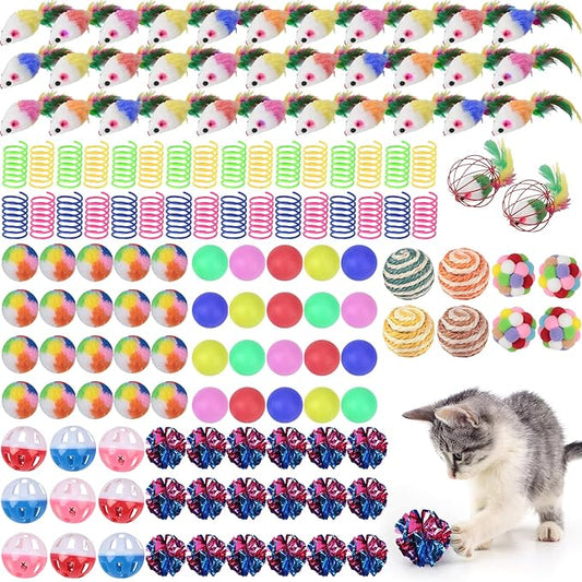 Shappy 150 Pcs Cat Toys Bulk Kitten Toys Pack Variety Funny Interactive Gift Including Mice Rainbow Balls Spring Crinkle Balls for Indoor Cat Kitty Kitten(Classic)