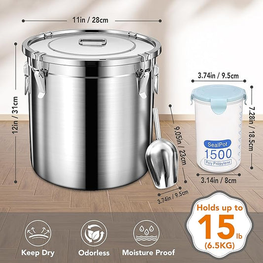 Dog Food Storage Containers, Large Stainless Steel Pet Food Storage Containers 15 lb / 6.5 kg to Keep Fresh, Metal Airtight Cat Food Containers With Scoop and 2 Small Containers