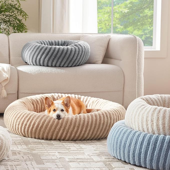 MIXJOY Donut Medium Dog Beds Medium Sized Dogs, Round Pet Beds with Removable Washable Cover, Faux Fur Cat Bed with Anti-Slip Bottom, 30"x30"x8", Beige