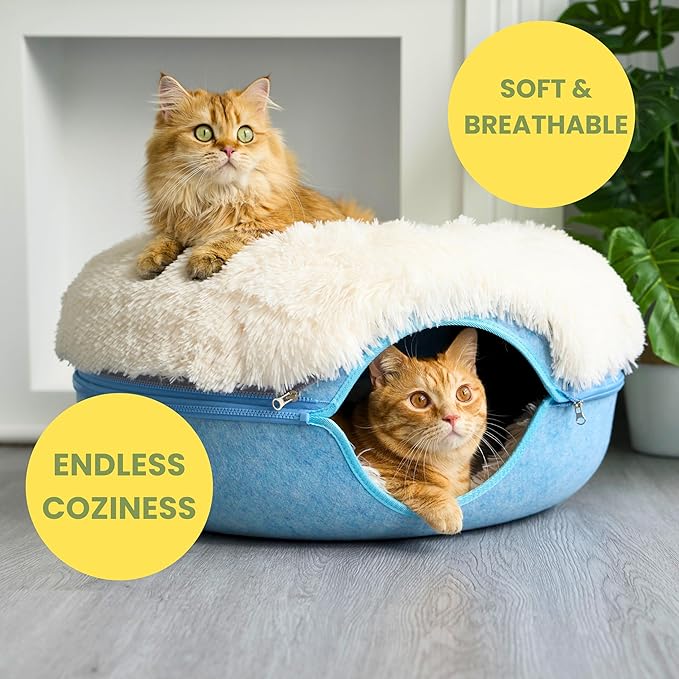 CATTASAURUS Peekaboo Cat Cave for Multiple & Large Cats Up to 30-45 Lbs, Fluffy Cat Beds for Indoor Cats, Scratch Detachable & Washable Tunnel Bed, Comfy Donut Cat Cave (Blue, Large (Calming))