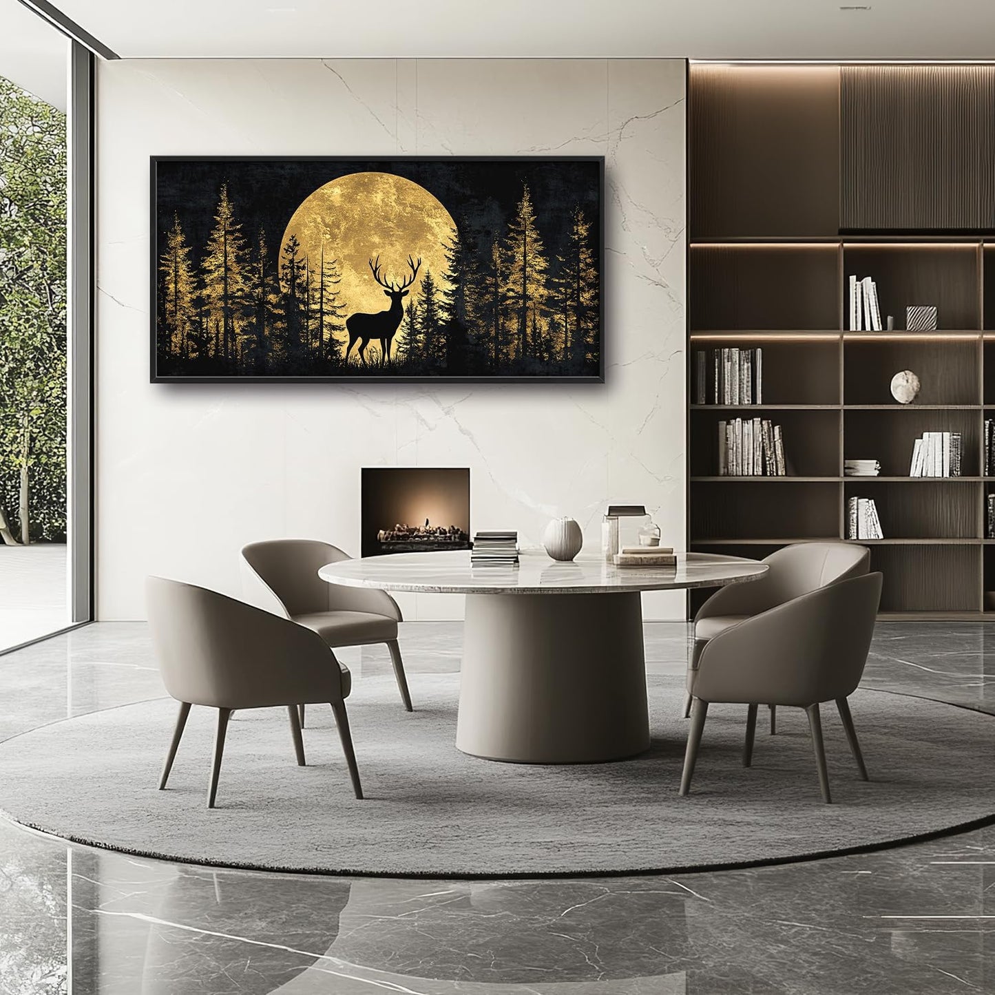 Large Moon Deer Forest Wall Art for Living Room, Black Gold Canvas Oversized Wall Decor, Elk Animal Framed Pictures Painting Print Artwork for Bedroom Office 60L" x 30W"