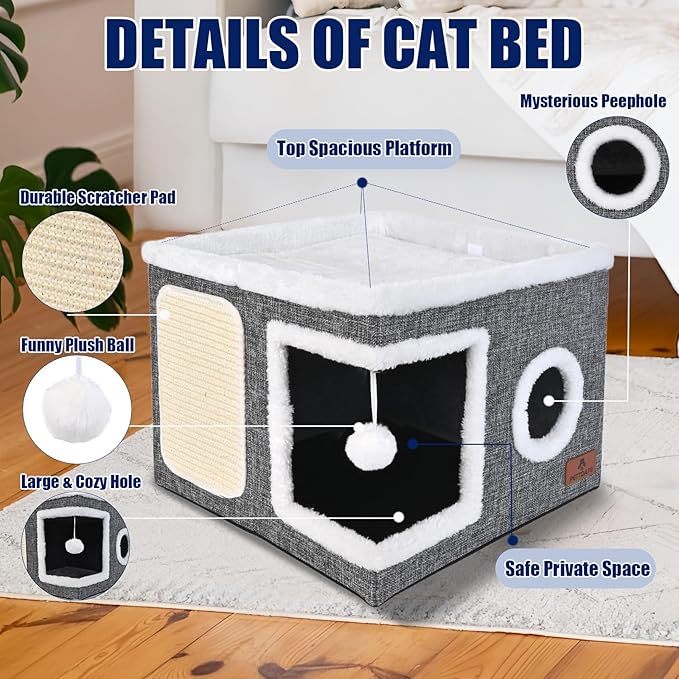 Cat Beds for Indoor Cats, Large Cat Cave Bed with Scratch Pad and Fluffy Ball, Foldable Cat Hideaway, Cat House with Reversible Cushion for Multi Small Pet Up to 30LBS, Grey