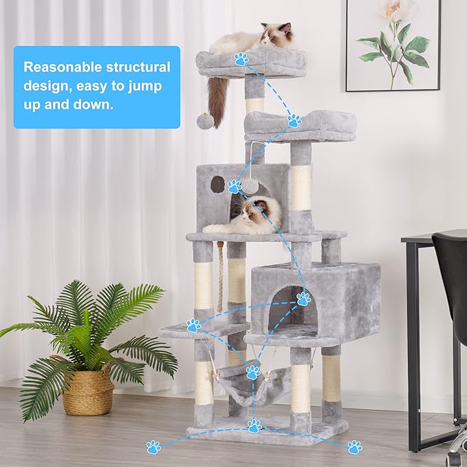 Hey-brother Multi-Level Cat Tree Condo Furniture with Sisal-Covered Scratching Posts, 2 Plush Condos, Perch Hammock for Kittens, Cats and Pets, Light Gray MPJ020-SW