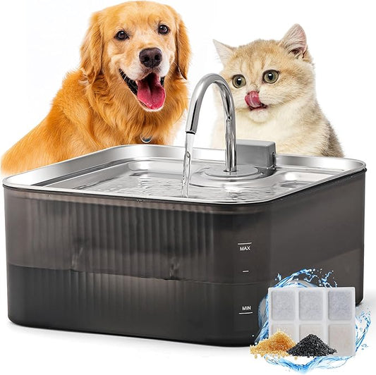 FUKUMARU Dog Water Fountain - 1.8 Gal/236oz/7L Ultra Quiet Pump (28.5dB) & 4-Stage Filter System Stainless Steel & ABS Kitty Water Fountains for Multi-Cat/Dog Homes, with 3 Filters