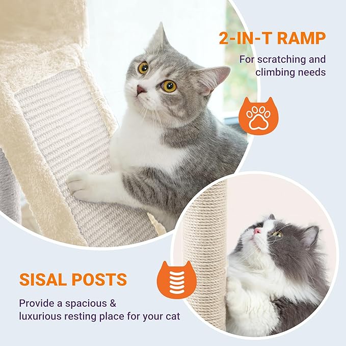 Allewie 81 Inches Tall Cat Tree/Multi-Level Large Climbing Tree House and Towers for Big Feline/Condo and Hammock/Scratching Post/Wide Base/Beige