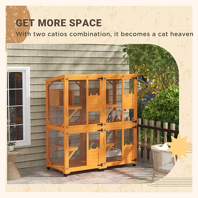 PawHut Wooden Catio with Waterproof Roof, Large Cat House with High-Up Resting Box, Indoor & Outdoor Cat Enclosure with Wheels, for 1-3 Cats, Orange