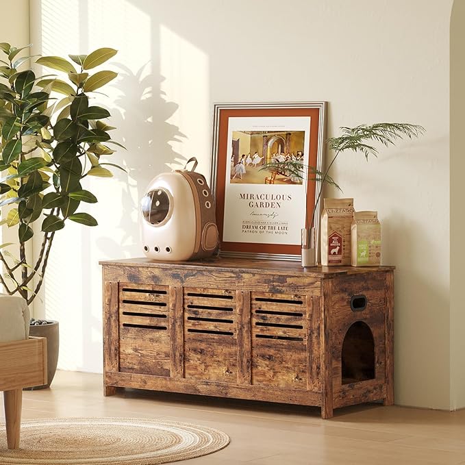 DINZI LVJ Litter Box Enclosure, Flip Top Litter Box Furniture, Hidden Cat Washroom, Wooden Cat House, End Table, 39.4" L x 19.7" W x 19.7" H, Good Ventilation, Easy to Assemble, Rustic Brown