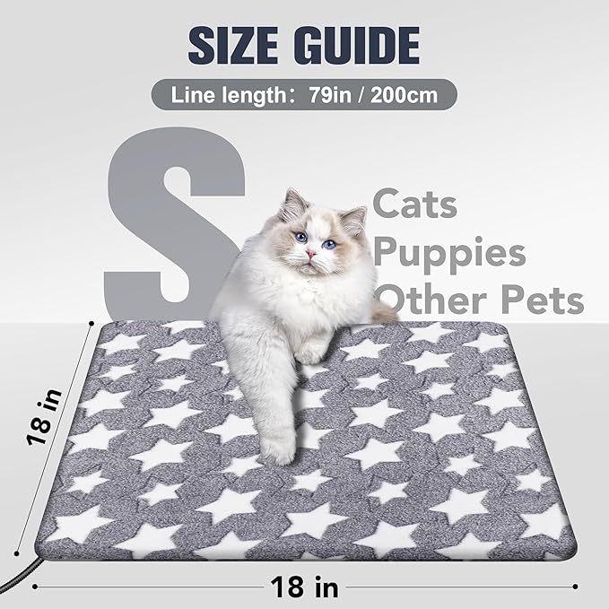Cat Heating Pad, Waterproof Pet Heating Pad for Cats Dog Indoor, 11 Adjustable Temperature Cat Warming Bed Mat with Timer, Indoor Heated Bed with Chew Resistant Cord (S: 18'' L X 18W '')