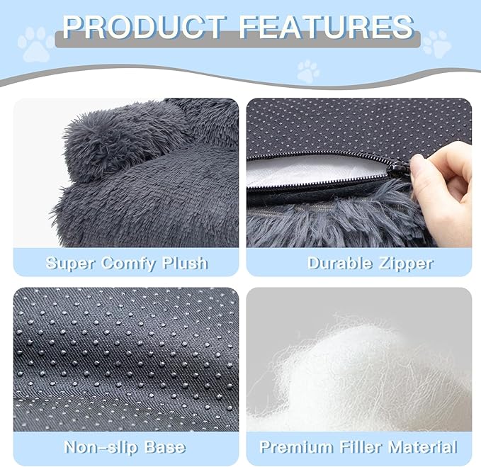 Cat Couch Bed - Cat Bed for Indoor Cats, Calming Pet Sofa Puppy Sleeping Bed with Removable Washable Cover, Cute Dog Couch and Kitty Lounge Chair for 18lbs Cats & Small Dogs(Plush Dark Gray)