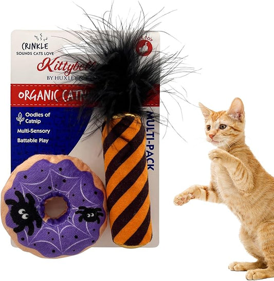Huxley & Kent Plush Cat Toy - Halloween Interactive Catnip Toy for Cats & Kittens - Soft with Crinkle & Catnip - Fun Indoor Play - Spiderweb Donut & Black Flame 2pk