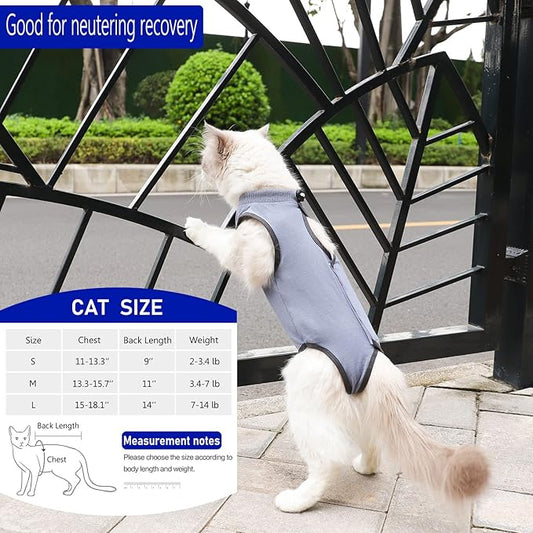 Cat Surgery Recovery Suit Cat Onesie for Cats After Surgery Spay Surgical Abdominal Wound Skin Diseases E-Collar Alternative Wear (Grey-Blue-M)