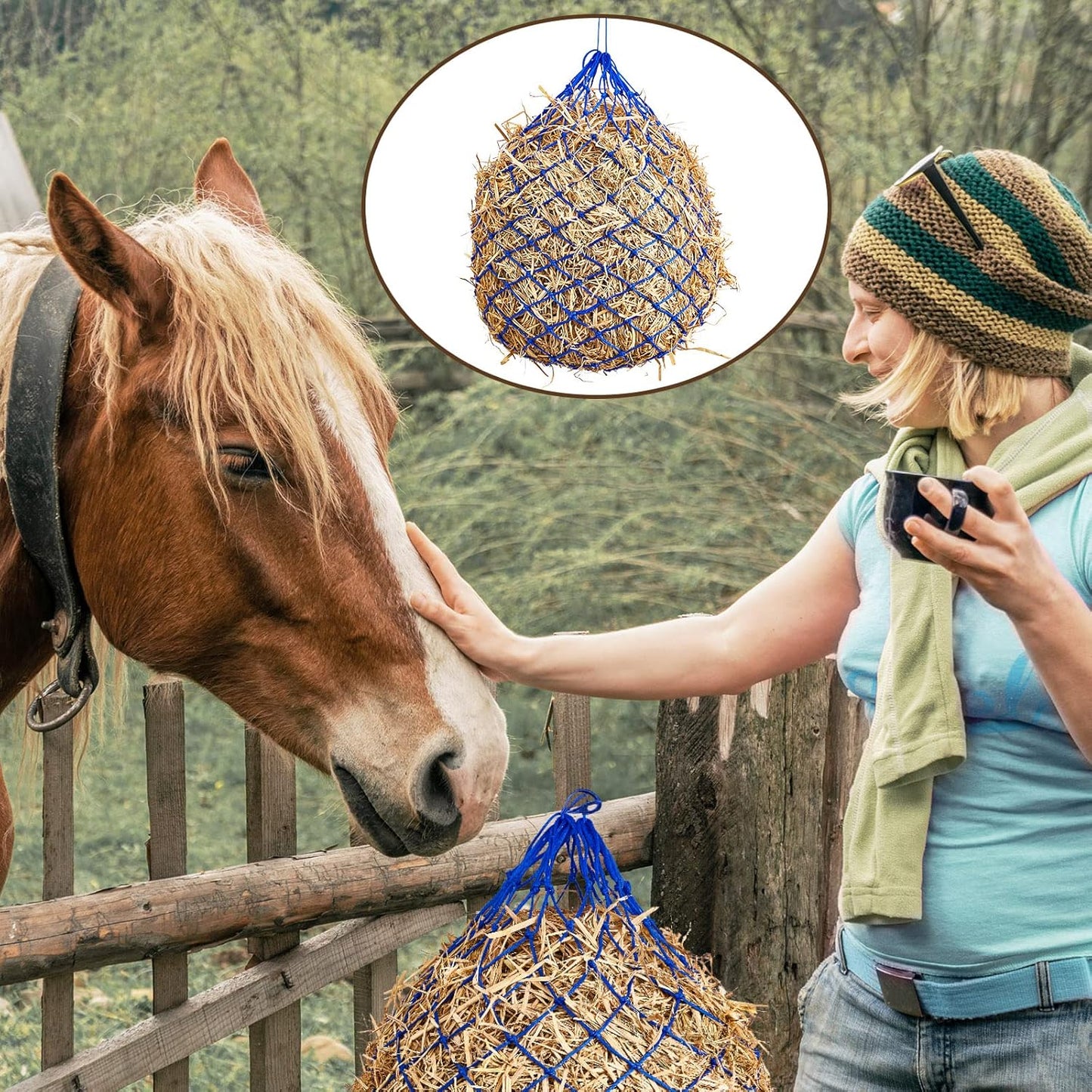 Fabbay 4 Pcs Slow Feed Hay Net Feeder Hay Bag for Horses Slow Feeder 40 Inch Length with 2 Inch Holes Hanging Horse Feed Net for Goat Cattle Equine Stalls Barn Supplies(Blue)
