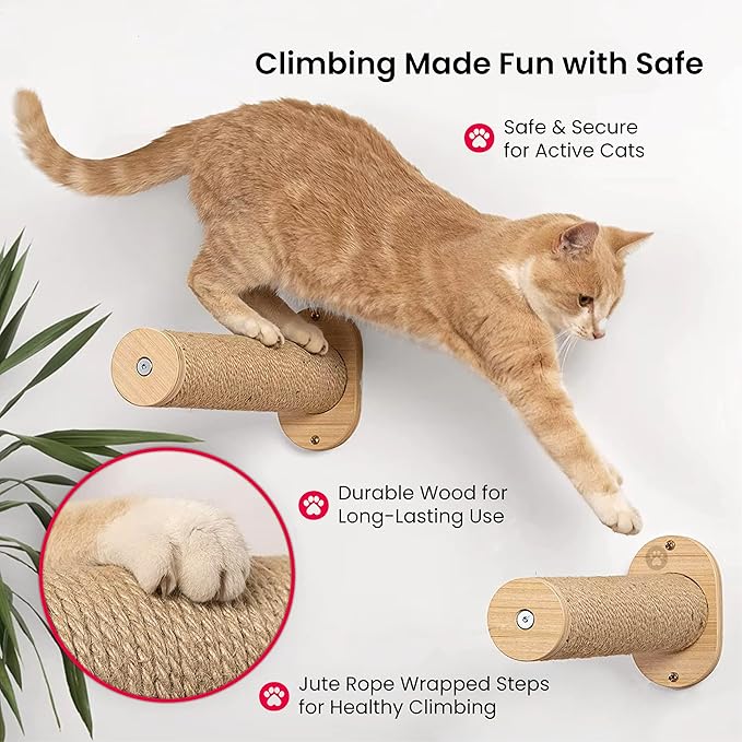 Cat Wall Shelves for Large Cats Set with Hammock, Steps & Scratching Pad - Solid Wood Mounted Climbing Furniture, Indoor Perch and Bed Wall System