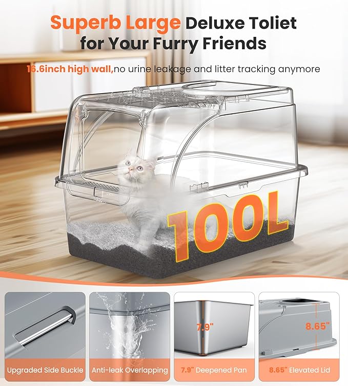 Stainless Steel Cat Box Dual Entrance XXL Large Litter Box for Cats, Covered Metal Kitty Litter Box with Flip Door, 16.6” High Wall& Litter Scoop, Gray 2 Pack