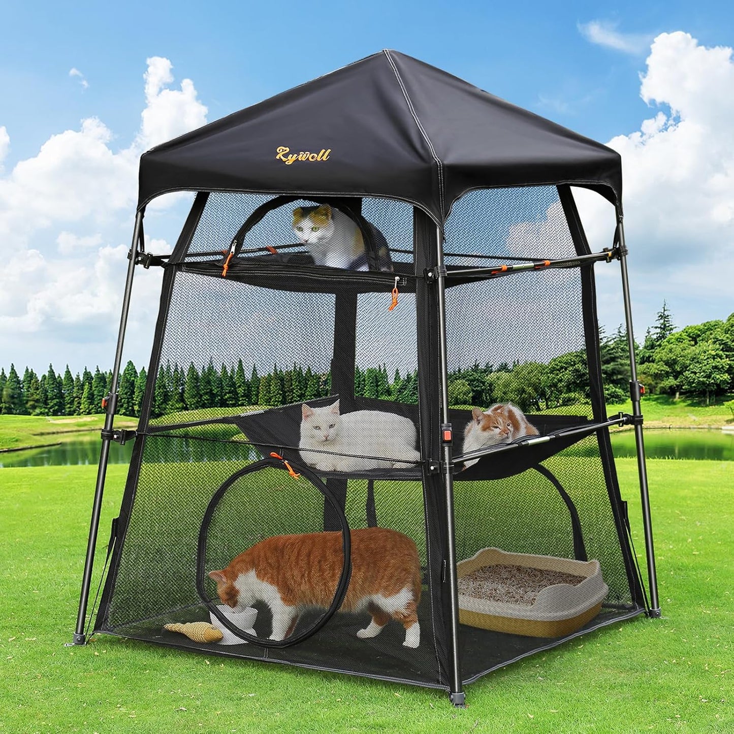 Extra Large Catio Outdoor Cat Enclosure, Rywell 3-Tier Spacious Outdoor Cat Tent, Weatherproof&Sunproof with 5 Windows, Foldable Cat Enclosure for Patio, Camping, Indoor(Includes Carry Bag)