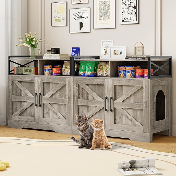 Cat Litter Box Enclosure, Ultra-Large Hidden Litter Box Furniture with Top Opening, Anti-Tipping Fence and 2 Open Drawers, Litter Box Cabinet End Table, Grey