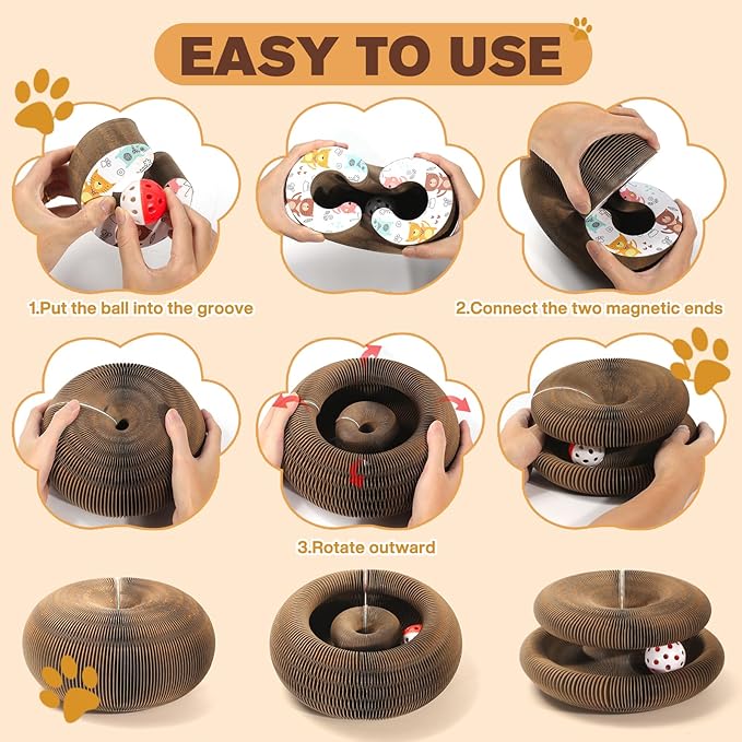 2 PCS Magic Organ Cat Scratcher Board with 6 Balls, Foldable Recyclable Accordion Cats Toy with Ball and Track Adventure, Cat Scratching Pad, Retractable Reversible Furniture Protector(Brown)
