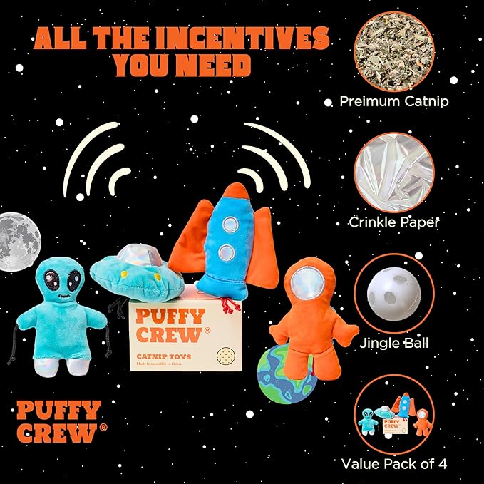 Interactive Catnip Cat Plush Toy, Space Travel Theme, 5‘’, for All Breed Size Cats (4 in 1)