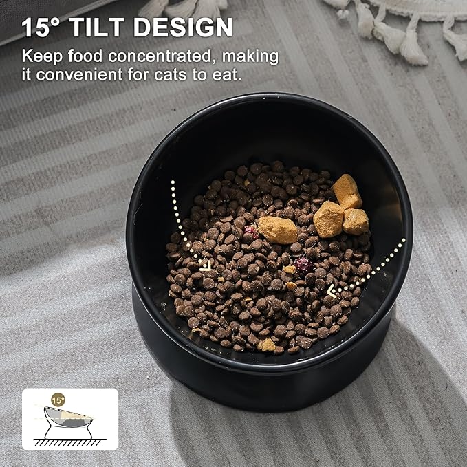 YauYik Ceramic Raised Cat Bowl - Cat Food Bowl Elevated Tilted for Short Leg Cats and Small Dogs - 6 Inches Whisker Friendly Pet Bowl Dish, Reduce Neck Burden Feeding Bowl, Black, 10 Oz