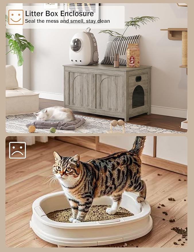 DINZI LVJ Cat Litter Box Enclosure, Flip Top Litter Box Furniture, Farmhouse Hidden Cat Washroom, Wooden Pet House, End Side Table, 31.5" L x 19.7" W x 19.7" H, Sturdy and Easy to Assemble, Gray Wash