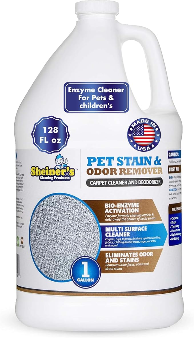 Sheiner's Pet Stain Remover & Pet Odor Eliminator, Advanced Cleaning Bio-Enzyme Cleaner Solution for Carpets, Rugs, Upholstery & Multi-Surfaces, Safe for Pets & Kids. (128 oz)