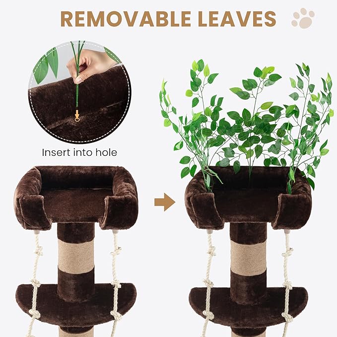 SHA CERLIN 55 Inches Cat Tree Tower with Leaves/Cozy Perches with Scratching Post for Indoor Kittens and Adults Cats/Sisal Rope and Simulated Lawn with Wide Base/Brown & Green
