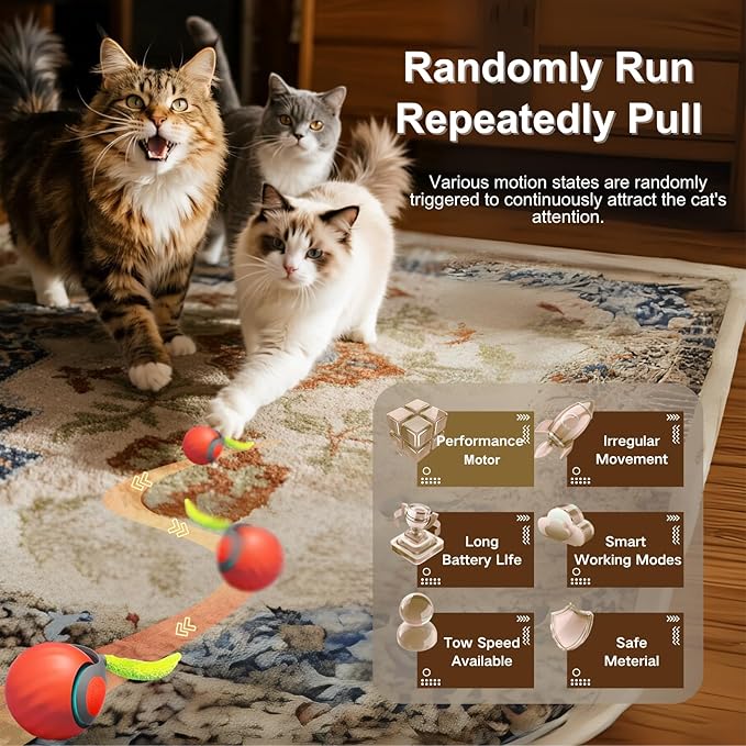 Interactive Cat Ball for Indoor Cats - Dual-Speed Automatic Rolling Ball Toy with 90Min Run Time, Plush + Feather Tails, Energetic Cat Chase Exercise, Blue/Orange